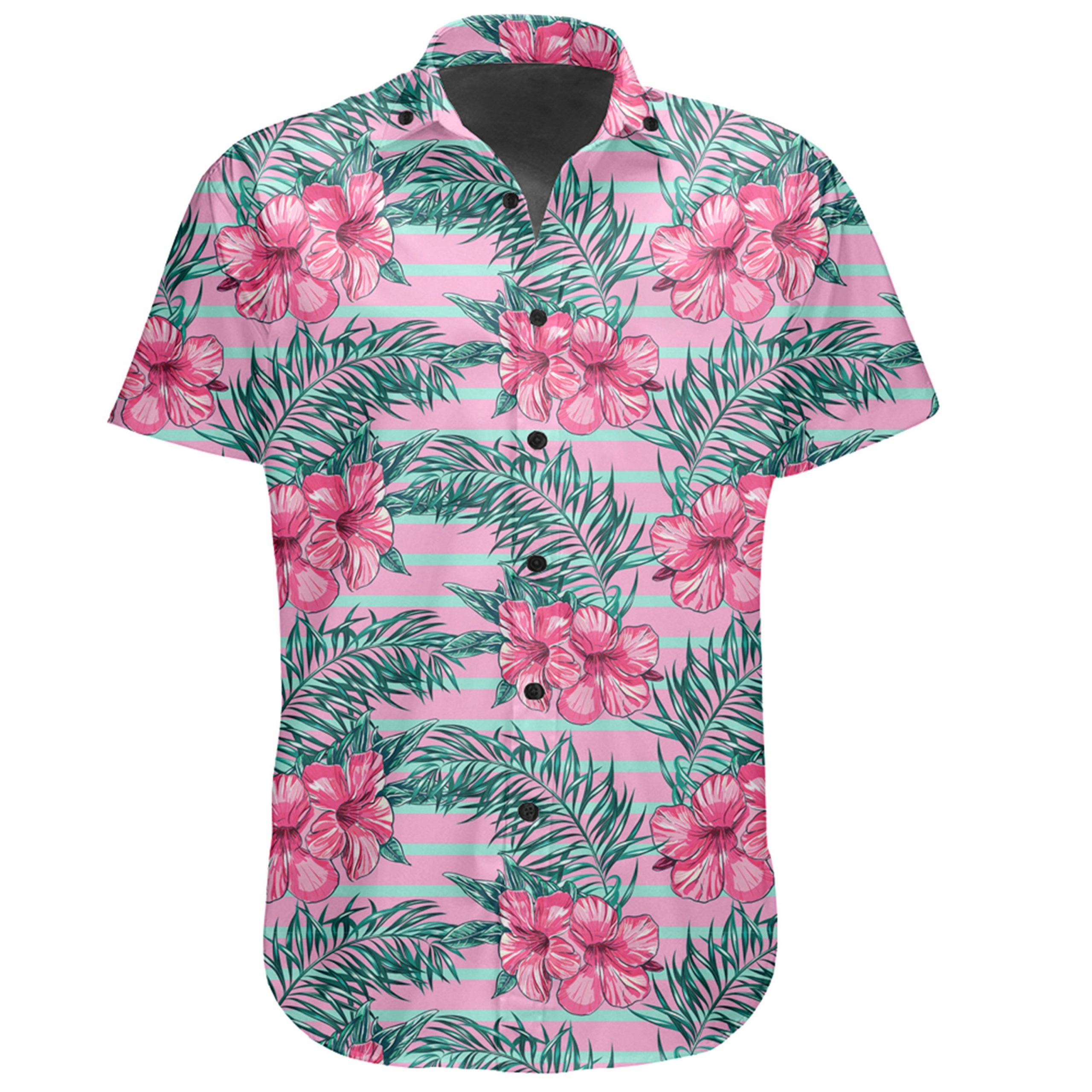 Hawaiian Shirt – Tropical Flowers Palm Leaves Hibiscus Strips Shirt ...