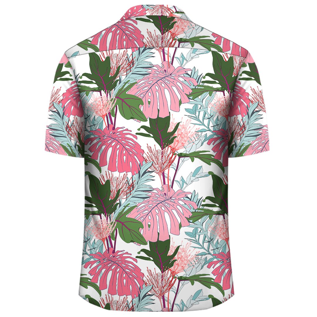 Pink Monstera And Green Tropical Leaves White Hawaiian Shirt – Gaicness