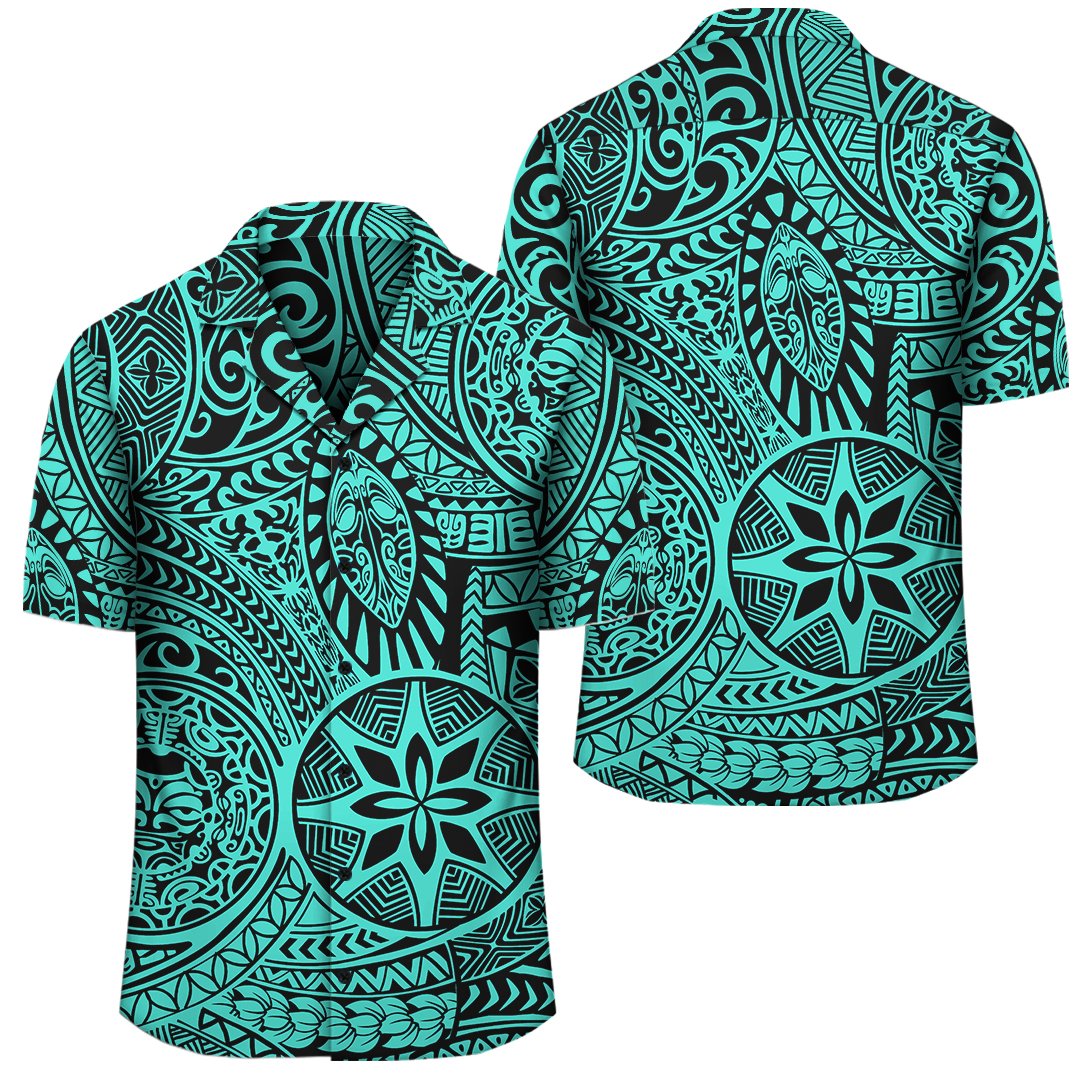 Polynesian Hawaiian Style Tribal Tattoo Turquoise Hawaiian Shirt – Gaicness