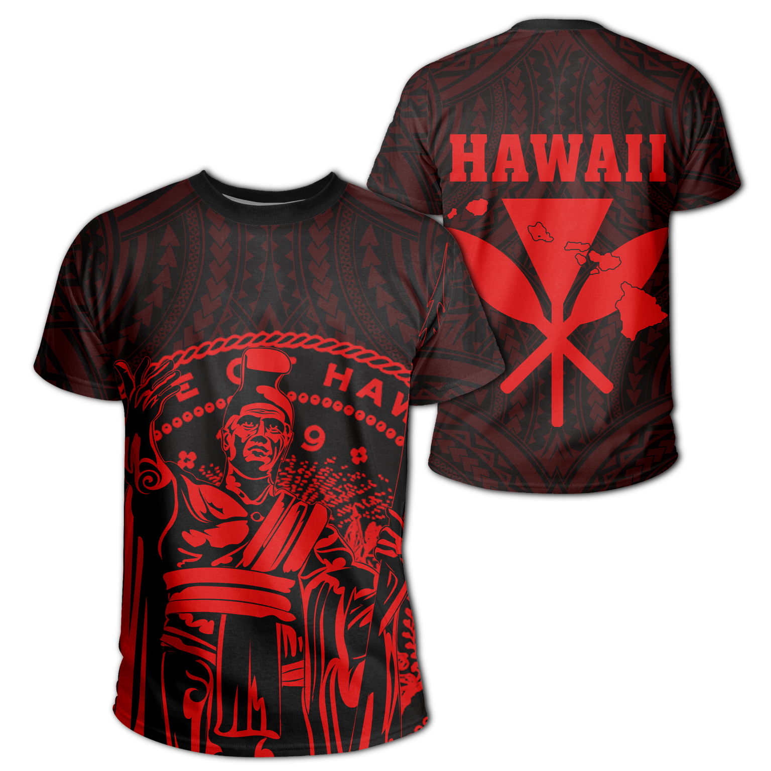 Hawaii King Coat Of Arms Kanaka Map Polynesian T-Shirt – Red – Gaicness